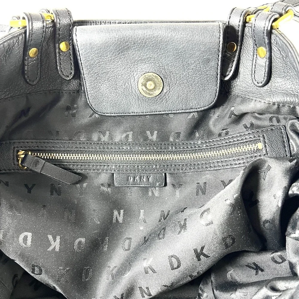 DKNY Karen Large Black‎ Leather Drawstring Shoulder Tote Bag Gold Hardware